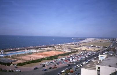 the main beach at Dieppe, from the Chateau; photo from 1989. It was on this beach that the main force landed and was cut to pieces.
