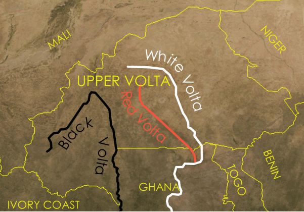 The main sources of the Volta River are all in Burkina Faso; they merge in Ghana (south, beyond the view of this map)